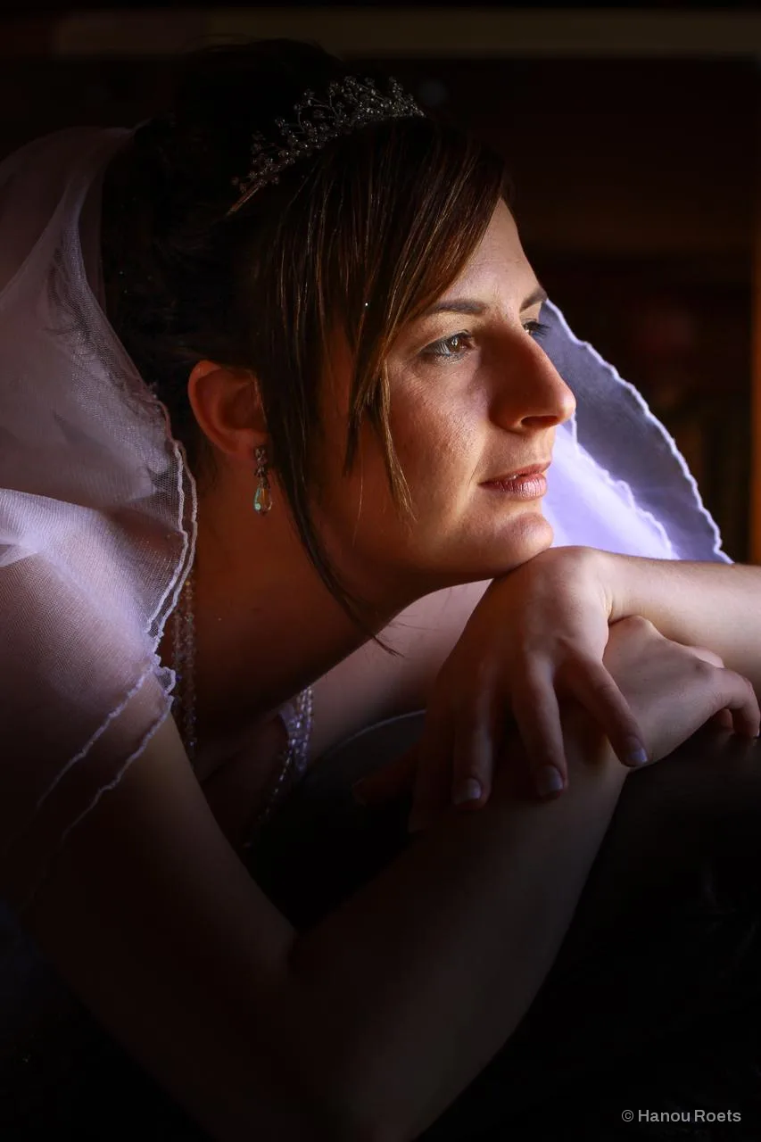 A bride in a veil resting her chin on her hands in window light