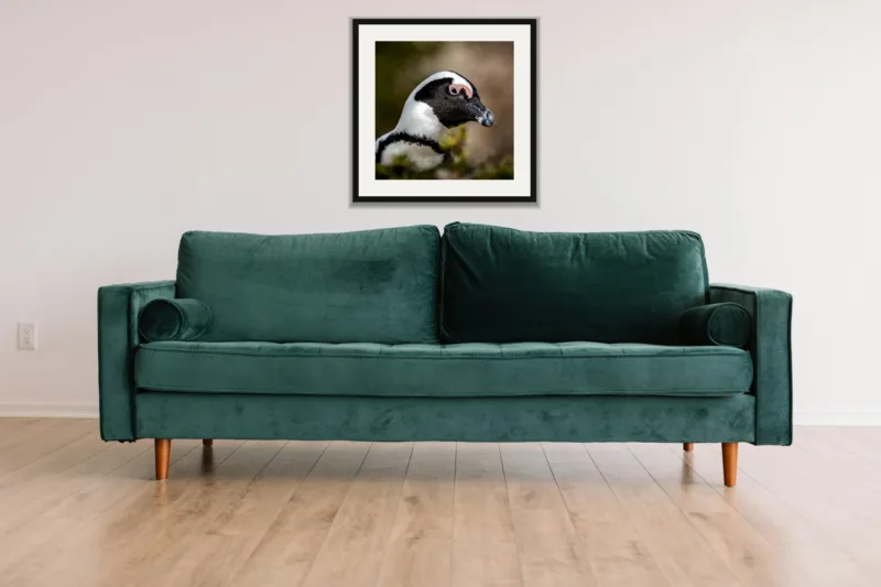 Pink brow shown framed as an A3 print, above a green velvet sofa against a white wall
