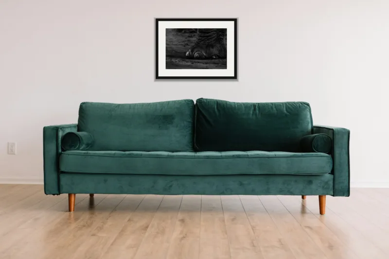 Footfall shown framed as an A3 print, above a green velvet sofa against a white wall