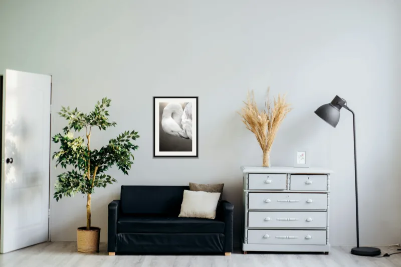 Folded shown framed as an A2 print, above a black two-seater between a potted tree and a chest of drawers