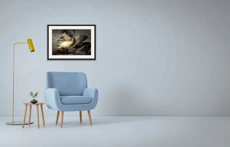 Washed up shown framed as an A2 print, above a pale blue armchair on a grey wall